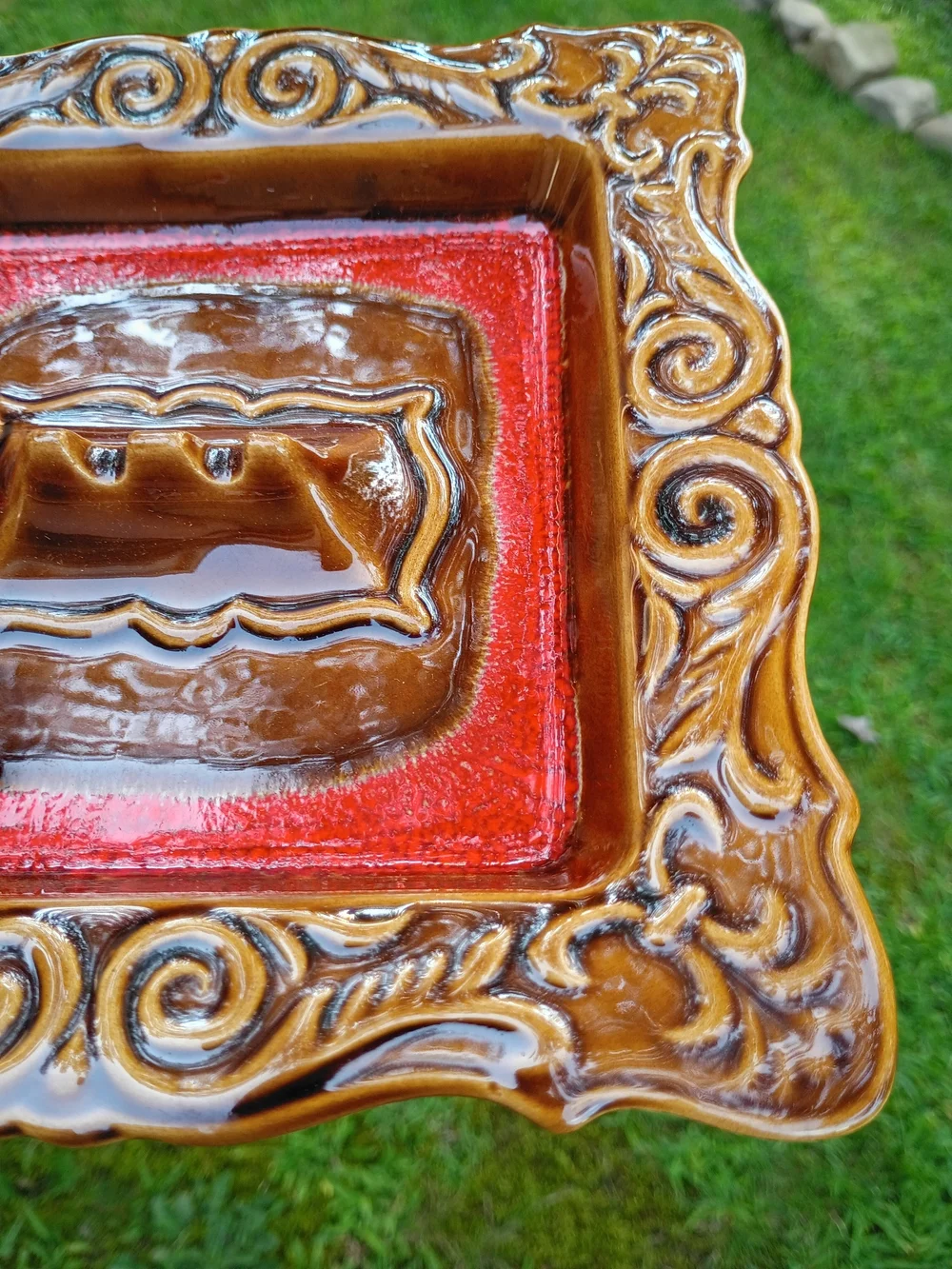 Vintage 60's Glazed Ceramic Square Brown/orange Ashtray USA EA-10-2S